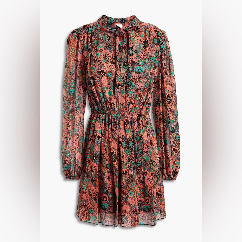 A.L.C. Coral and Teal Floral Long-Sleeve Mini Dress